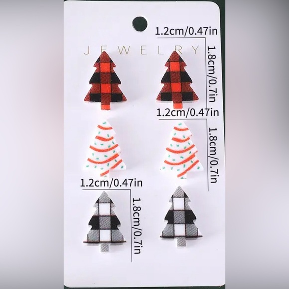Earrings Christmas Tree Pierced Set of 3 Checkered, Red Garland Green Ornaments - Picture 3 of 6